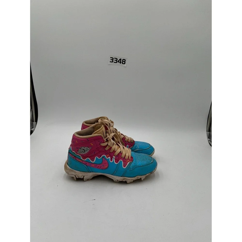 Nike Air Jordan 1 Mid Football Cleats Youth Kids 6Y Blue Pink Round Toe Lace Up